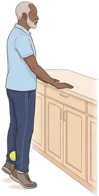 Heel raises with a ball between your ankles, end position