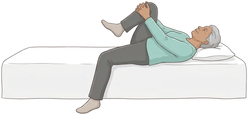 Hip stretch at the bed edge, hold position