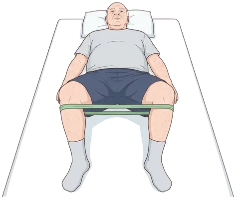 Knee press-outs lying down with a band, end position