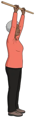 Arm raise with a stick, standing, end position