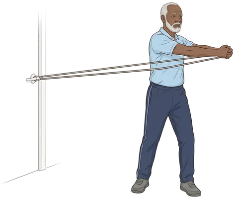 Standing trunk turns with a band, end position
