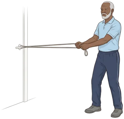 Standing trunk turns with a band, start position